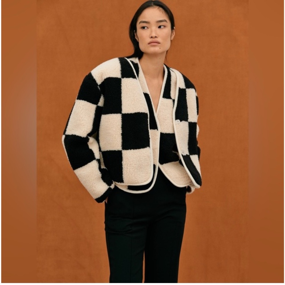 Collarless Checkered Shearling Jacket